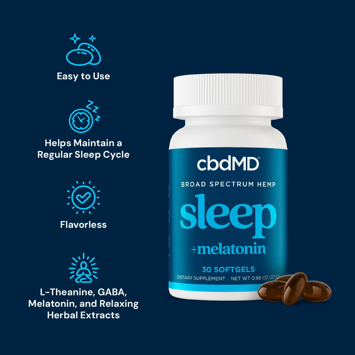 cbdMD, CBD PM Softgels with Melatonin, Broad Spectrum THC-Free, 30ct, 300mg CBN + 1200mg CBD