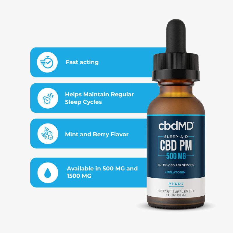cbdMD, CBD PM Tincture for Sleep, Broad Spectrum THC-Free, Berry, 1oz, 500mg CBD 1