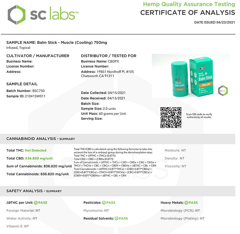 CBDfx Balm Stick Certificate of Analysis