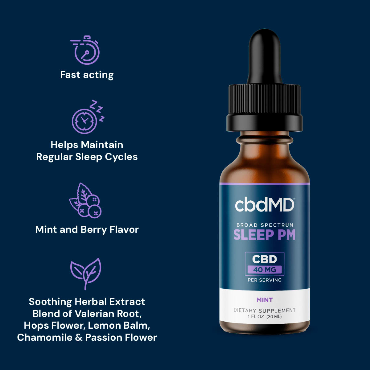 cbdMD, CBD PM Tincture for Sleep, Broad Spectrum THC-Free, Mint, 1fl oz, 300mg CBN + 1200mg CBD