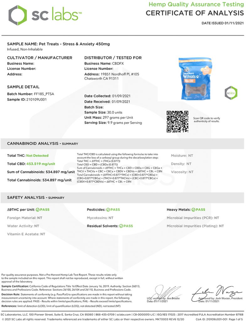 CBDfx Pet Treats Certificate of Analysis