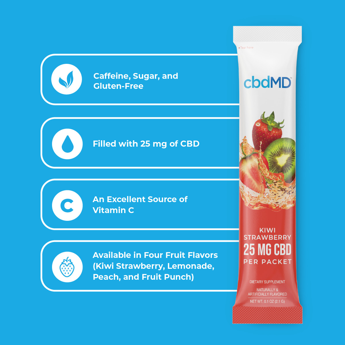 cbdMD, CBD Powdered Drink Mix, Broad Spectrum THC-Free, Kiwi Strawberry, 10ct, 250mg CBD 1