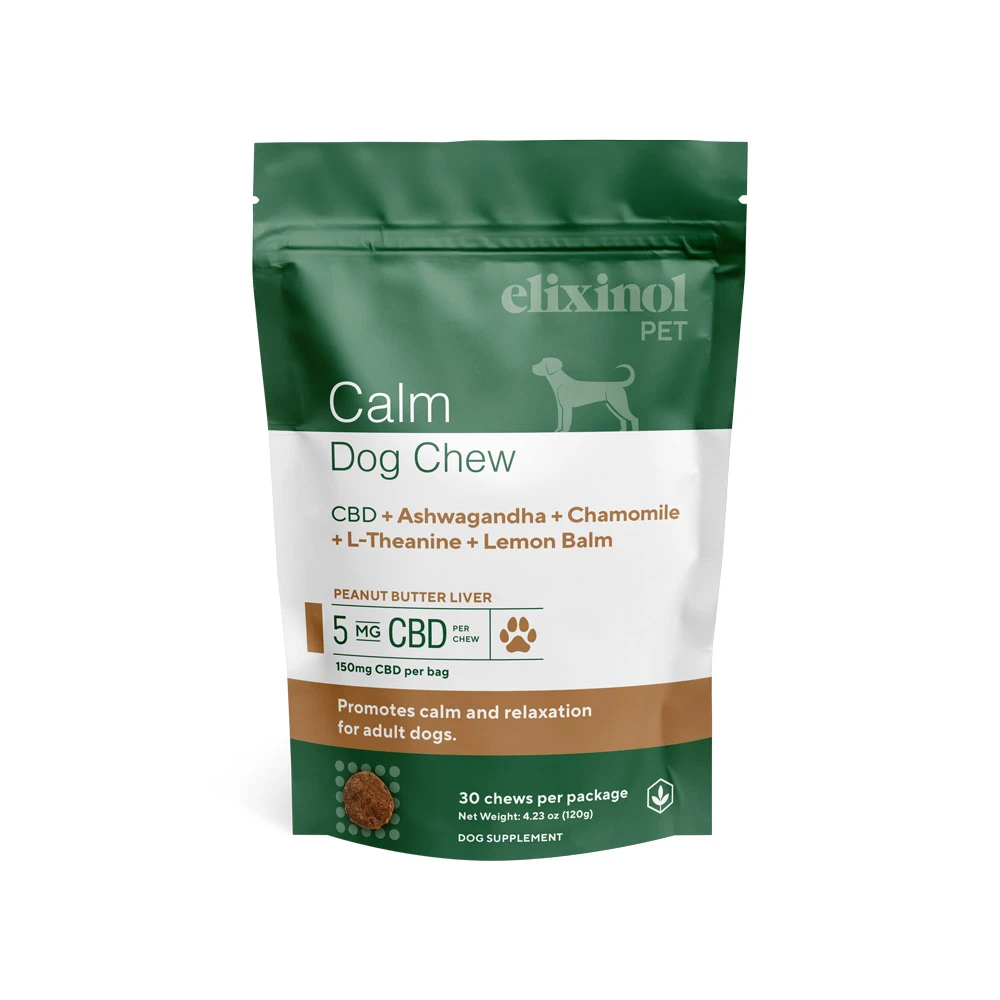 Elixinol, Calm Dog Chews, Broad Spectrum THC-Free, Peanut Butter Liver, 30ct, 150mg CBD 1