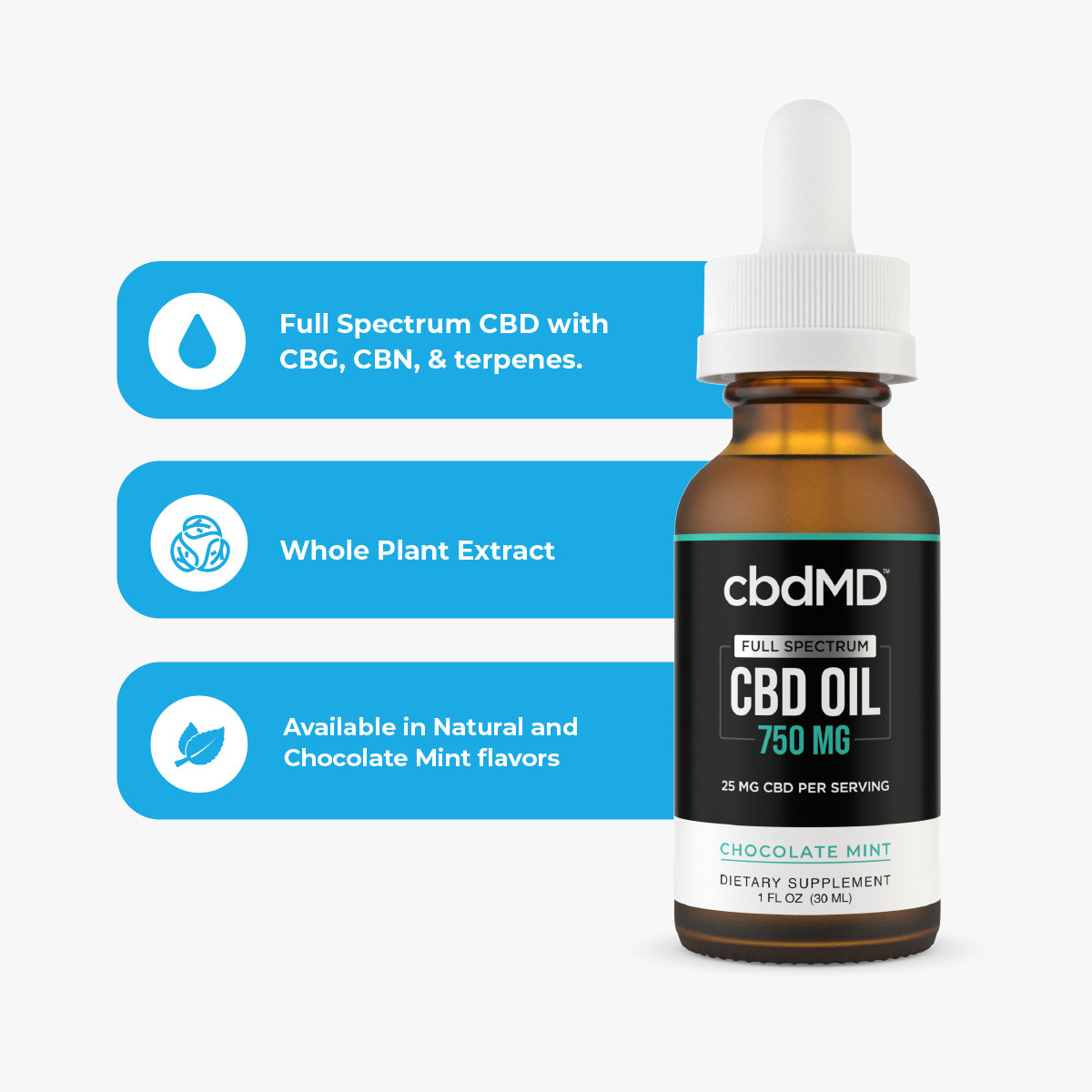 cbdMD, CBD Oil Tincture, Full Spectrum, Chocolate Mint, 1oz, 750mg CBD 1
