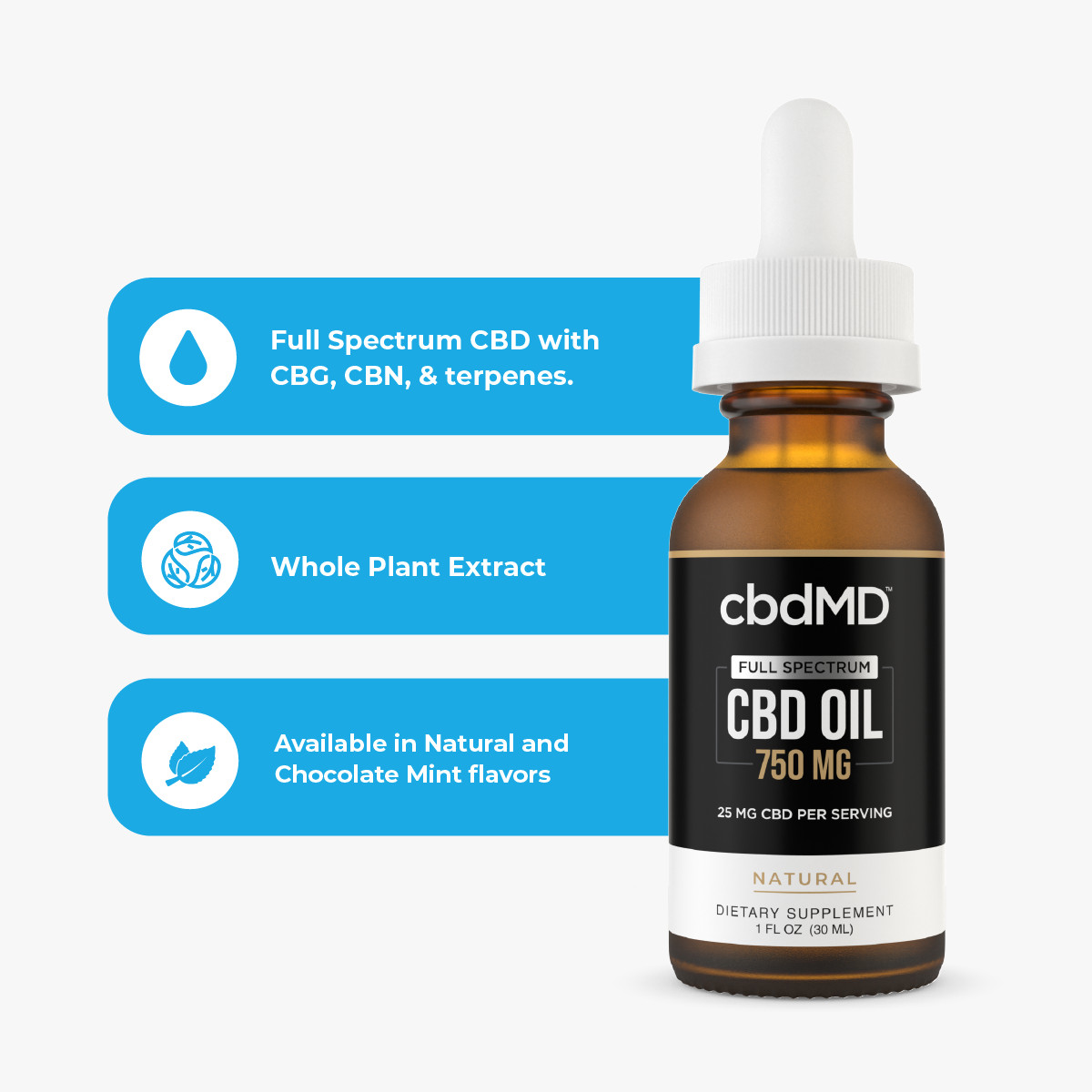 cbdMD, CBD Oil Tincture, Full Spectrum, Natural Flavor, 1oz, 750mg CBD 1