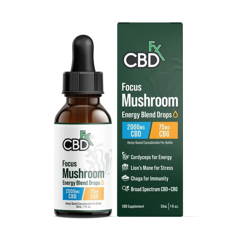 CBDfx, Focus Mushroom + CBD Drops: CBG Energy Blend, Broad Spectrum THC-Free, 1oz, 75mg CBG + 2000mg CBD