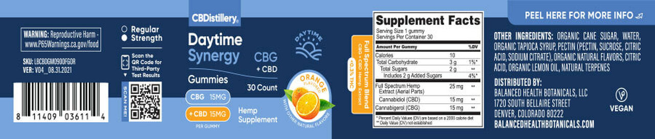 CBDistillery, Full Spectrum Daytime Synergy Gummies, Orange, 30ct, 15mg CBG + 15mg CBD 1
