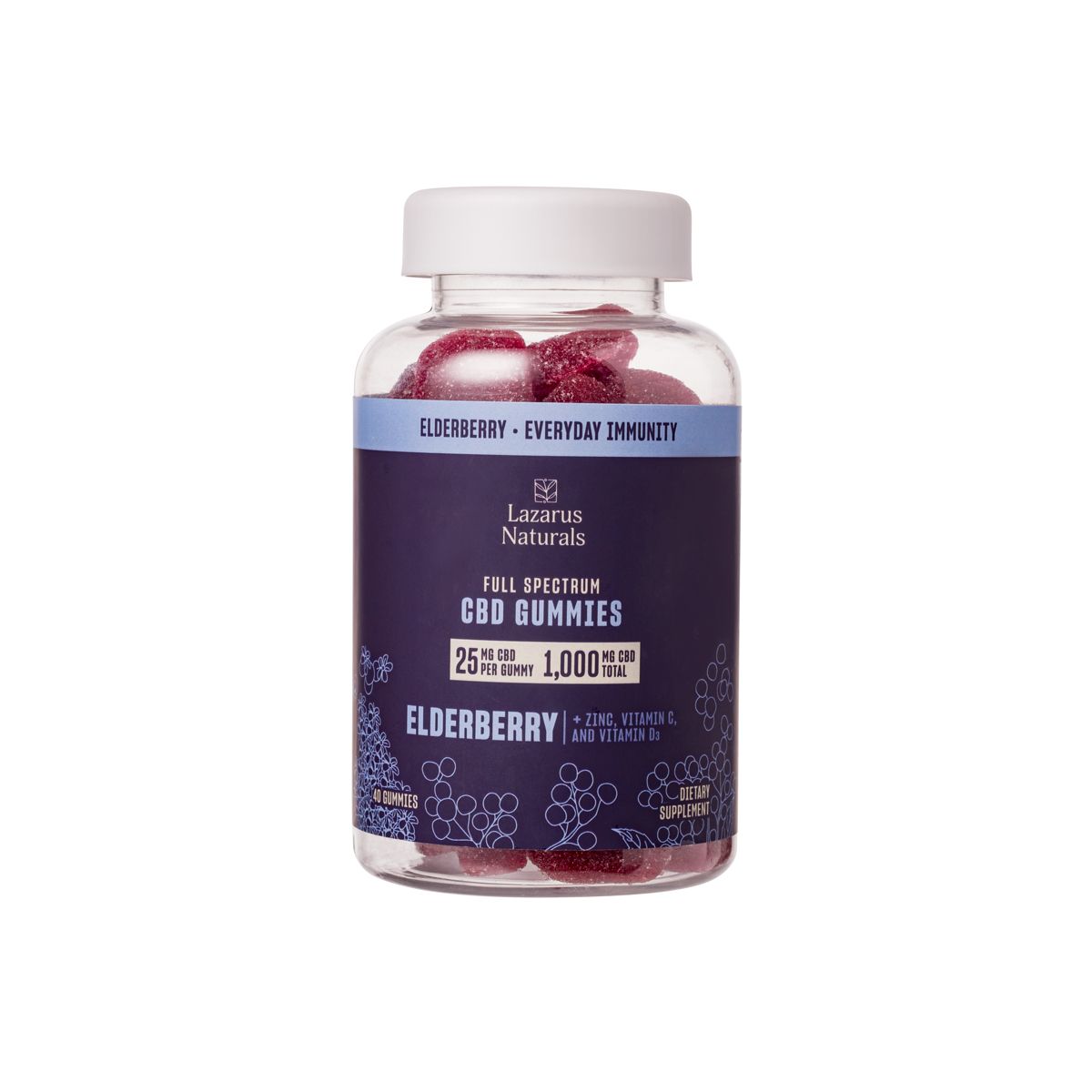 Lazarus Naturals, CBD Immunity Gummies, Elderberry, Full Spectrum, 40ct, 1000mg CBD 1