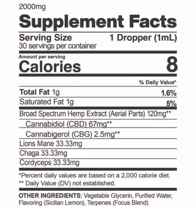 CBDfx, Focus Mushroom + CBD Drops: CBG Energy Blend, Broad Spectrum THC-Free, 1fl oz, 75mg CBG + 2000mg CBD