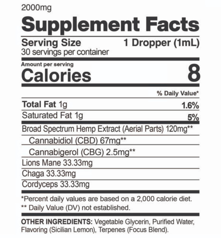 CBDfx, Focus Mushroom + CBD Drops- CBG Energy Blend, Broad Spectrum THC-Free, 1oz, 75mg CBG + 2000mg CBD 1