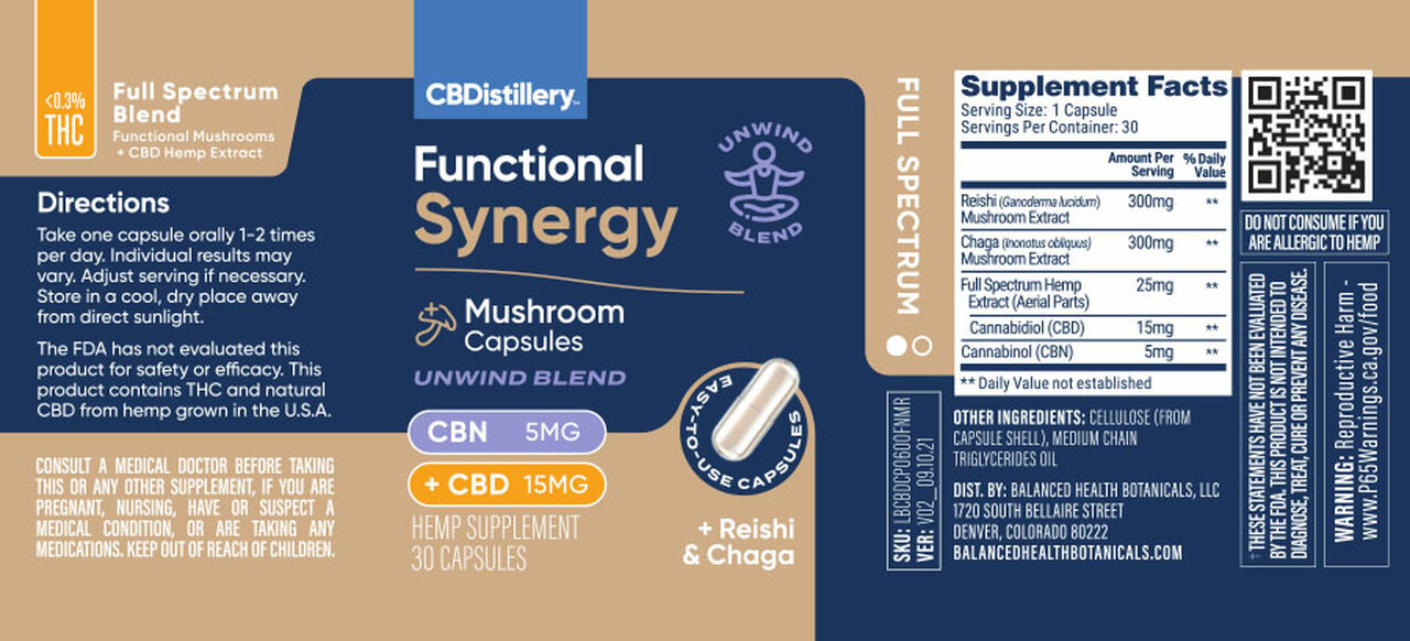 CBDistillery, Functional Synergy Unwind Mushroom Capsules, Full Spectrum, 30ct, 150mg CBN + 450mg CBD 1