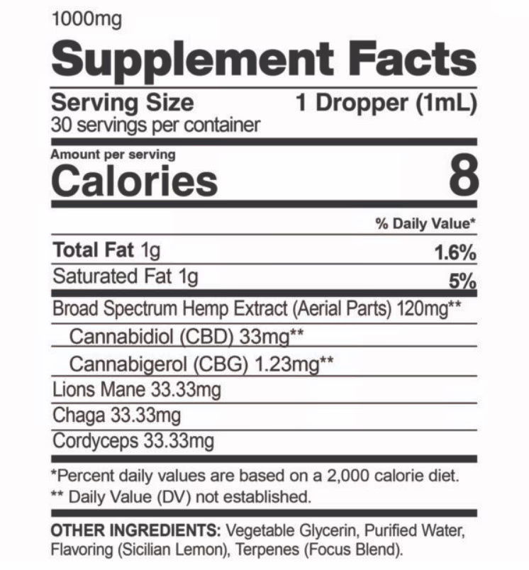 CBDfx, Focus Mushroom + CBD Drops CBG Energy Blend, Broad Spectrum THC-Free, 1fl oz, 37mg CBG + 1000mg CBD