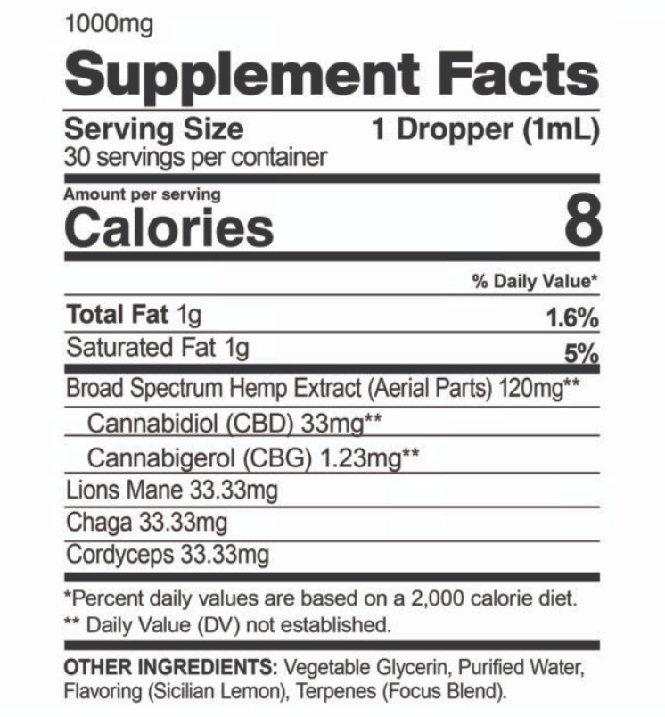 CBDfx, Focus Mushroom + CBD Drops- CBG Energy Blend, Broad Spectrum THC-Free, 1oz, 37mg CBG + 1000mg CBD 1