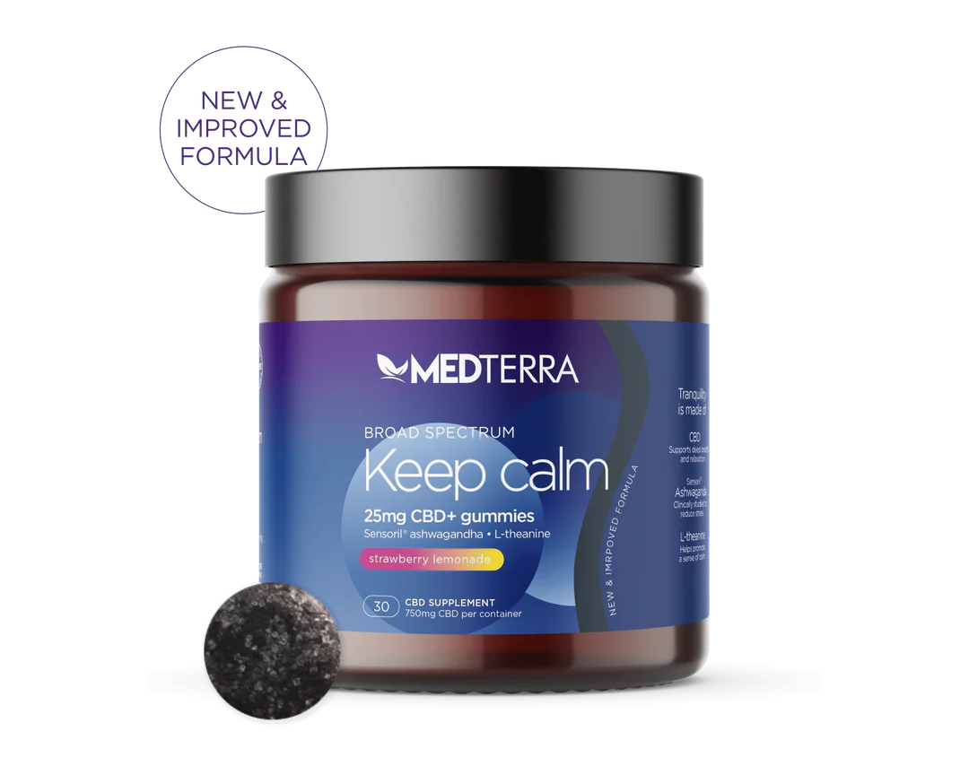 Medterra, Keep Calm CBD+ Gummies 50mg, Broad Spectrum THC-Free, Strawberry Lemonade, 30ct, 1500mg CBD
