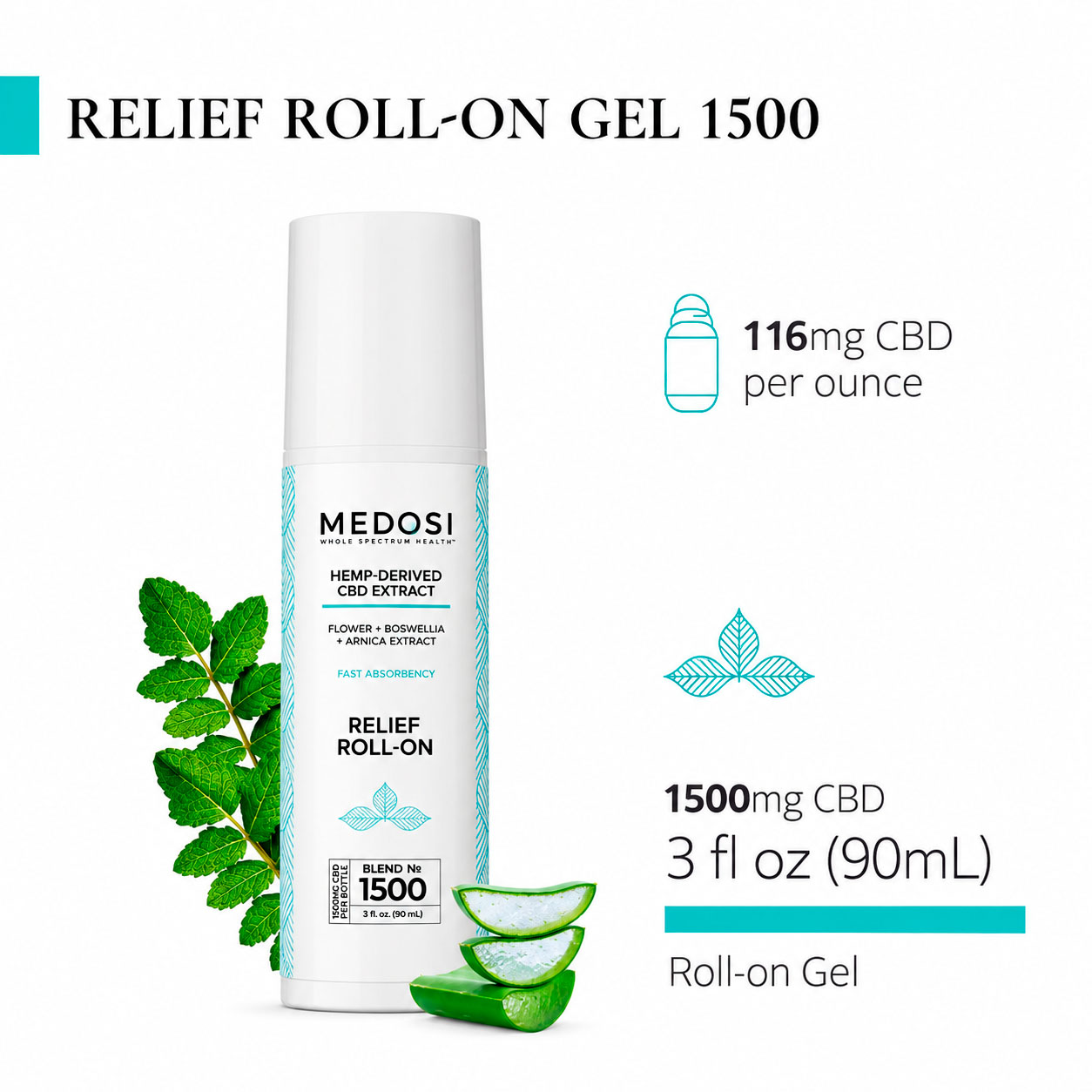 Medosi, CBD Relief Roll-On Gel, THC-Free, 3fl oz, 1500mg CBD