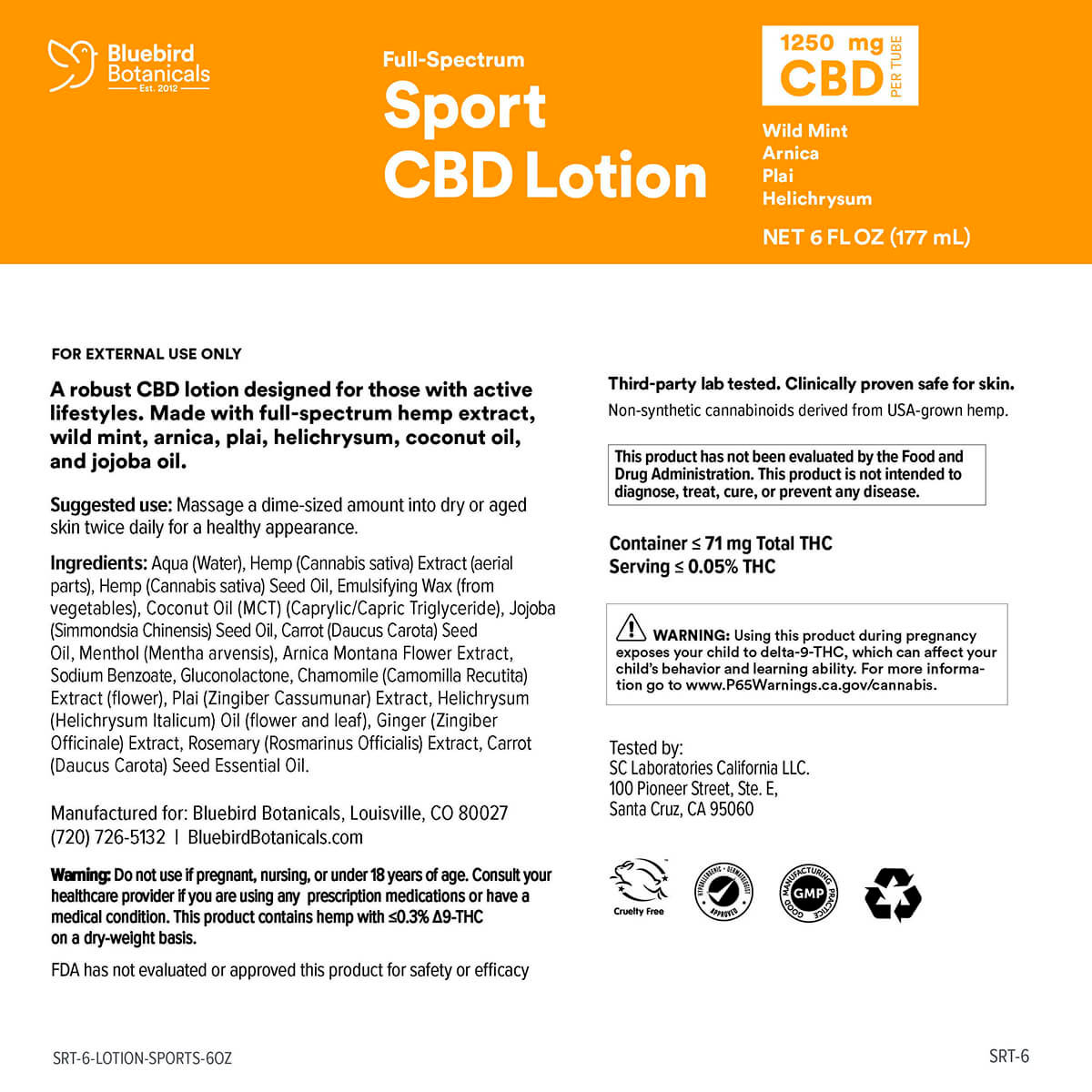 Bluebird Botanicals, Hemp Sport Full Spectrum CBD Lotion, 6fl oz, 1250mg CBD