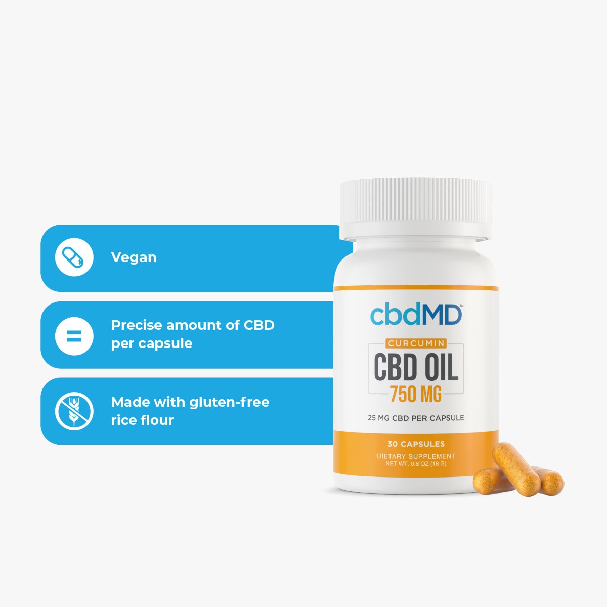 cbdMD, CBD Oil Capsules + Circumin, Broad Spectrum THC-Free, 30-Count, 750mg CBD 1
