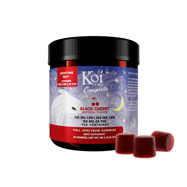 Koi CBD, Complete Full Spectrum CBD Gummies – Nighttime Rest, Black Cherry, 30ct, 300mg CBN + 150mg Delta-9 THC + 750mg CBD