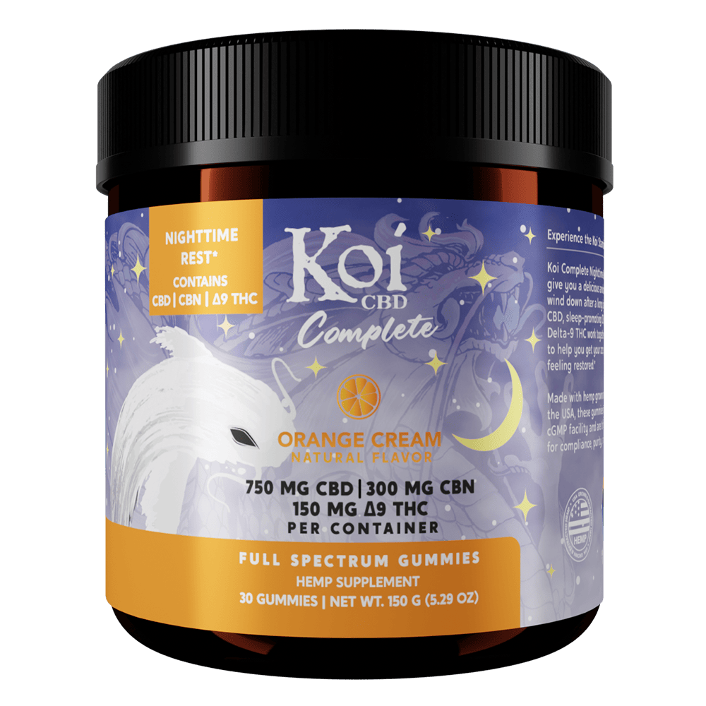 Koi CBD, Complete Full Spectrum CBD Gummies – Nighttime Rest, Orange Cream, 30ct, 300mg CBN + 150mg Delta-9 THC + 750mg CBD 1