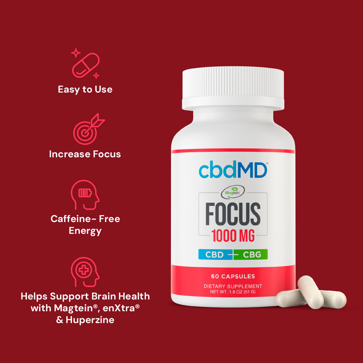 cbdMD, CBD + CBG Focus Capsules, Broad Spectrum THC-Free, 60ct, 1000mg CBD+CBG