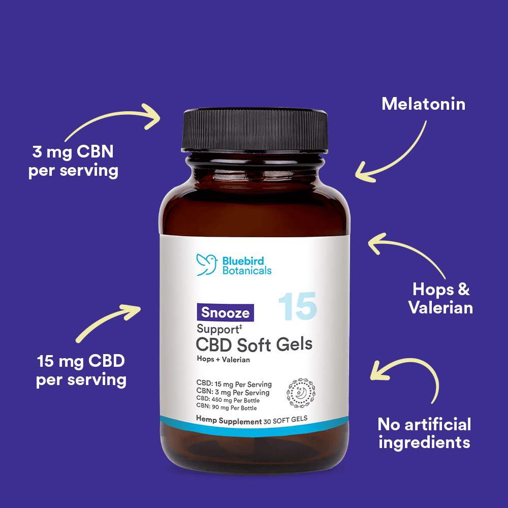 Bluebird Botanicals, Snooze Support CBN + CBD Softgels, Full Spectrum, 60ct, 180mg CBN + 900mg CBD 1