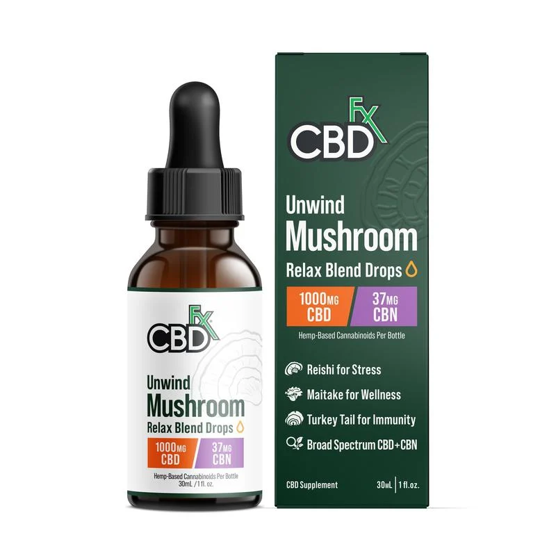 CBDfx, Unwind Mushroom + CBD Drops- CBN Relax Blend, Broad Spectrum THC-Free, 1oz, 37mg CBN + 1000mg CBD 1