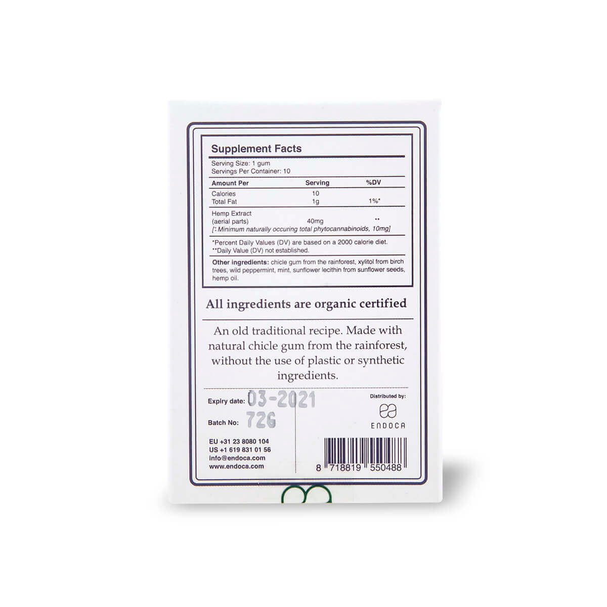 Endoca, CBD Chewing Gum, Peppermint, 10ct, 150mg CBD 1