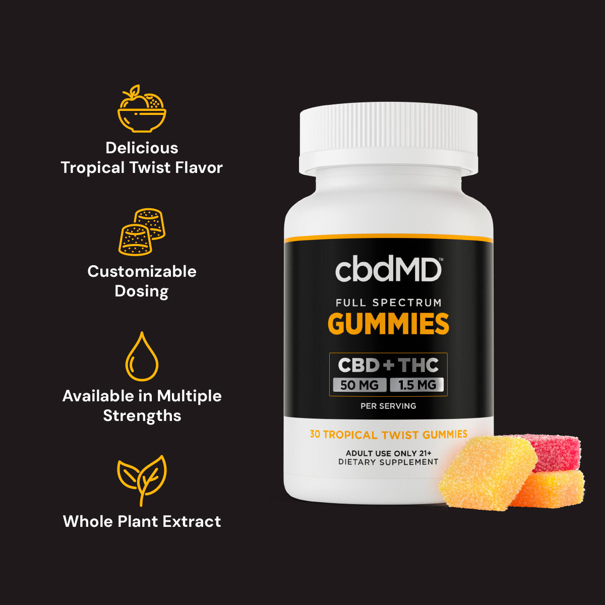 cbdMD, CBD Tropical Twist Gummies, Full Spectrum, 30ct, 1500mg CBD