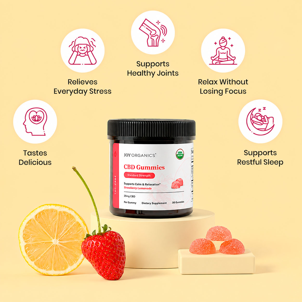 Joy Organics, CBD Gummies, Strawberry Lemonade, Broad Spectrum THC-Free, 30ct, 750mg CBD