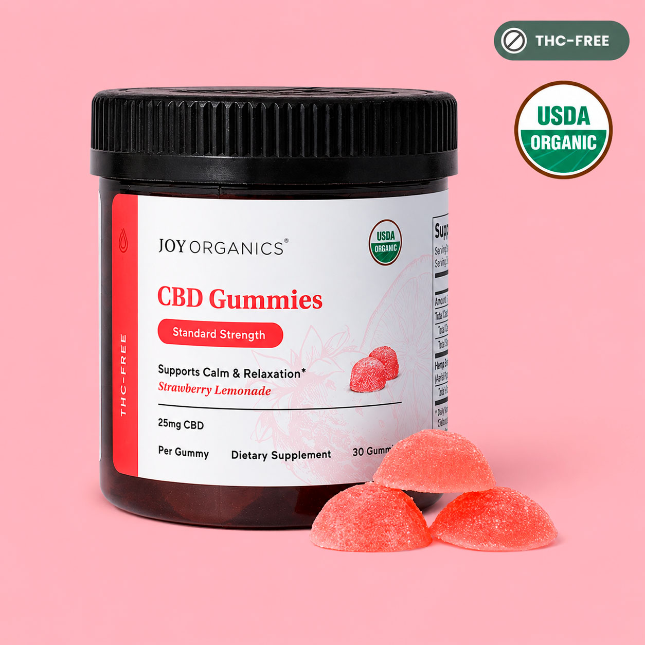 Joy Organics, CBD Gummies, Strawberry Lemonade, Broad Spectrum THC-Free, 30ct, 750mg CBD