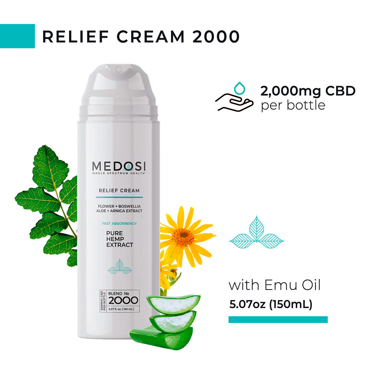 Medosi, CBD Relief Cream, THC-Free, 5.07fl oz, 2000mg CBD