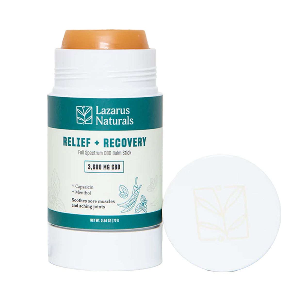 Lazarus Naturals, Relief + Recovery CBD Balm Stick, Full Spectrum, 2.54oz, 3600mg CBD