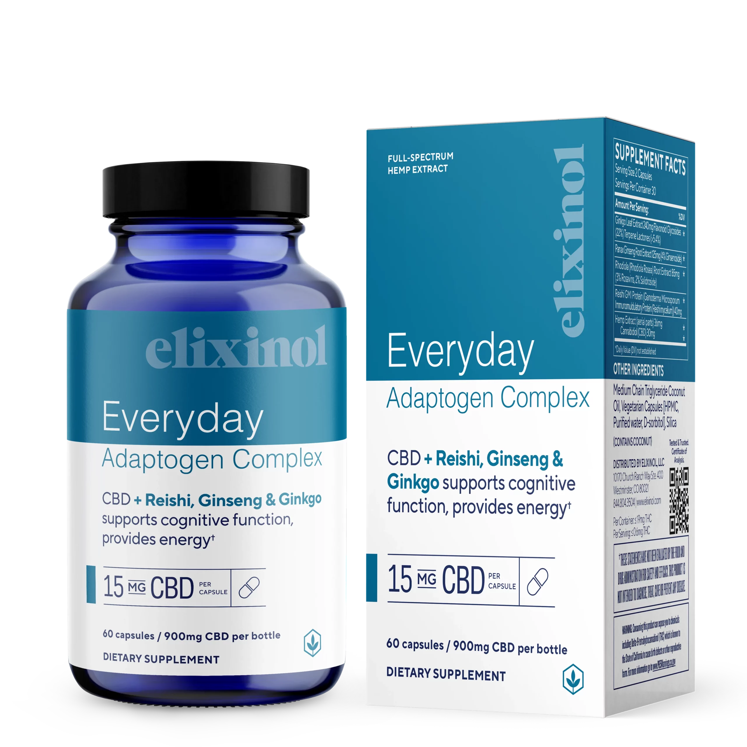 Elixinol, Everyday Adaptogen Complex CBD Capsules, Full Spectrum, Reishi + Ginseng + Ginkgo, 60ct, 900mg CBD 1