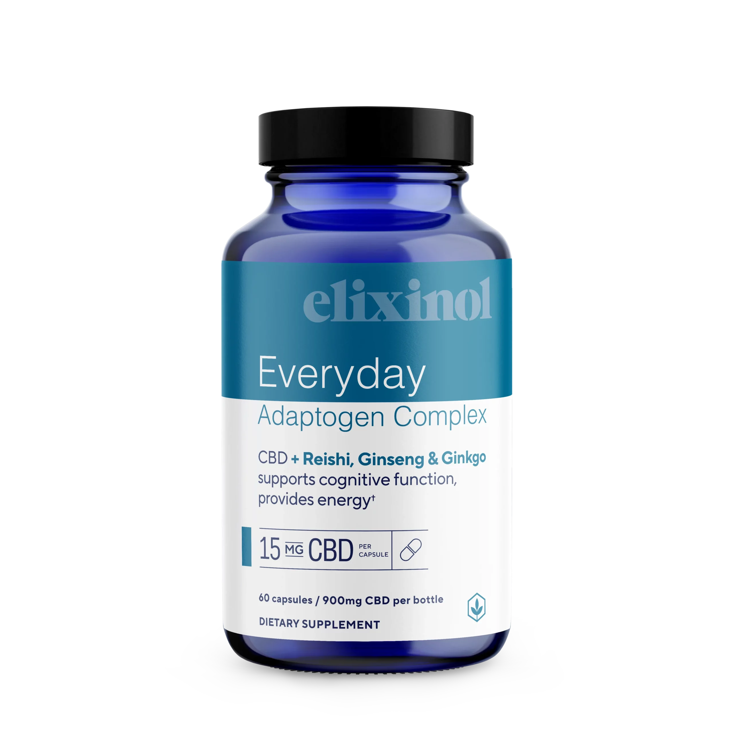 Elixinol, Everyday Adaptogen Complex CBD Capsules, Full Spectrum, Reishi + Ginseng + Ginkgo, 60ct, 900mg CBD 1