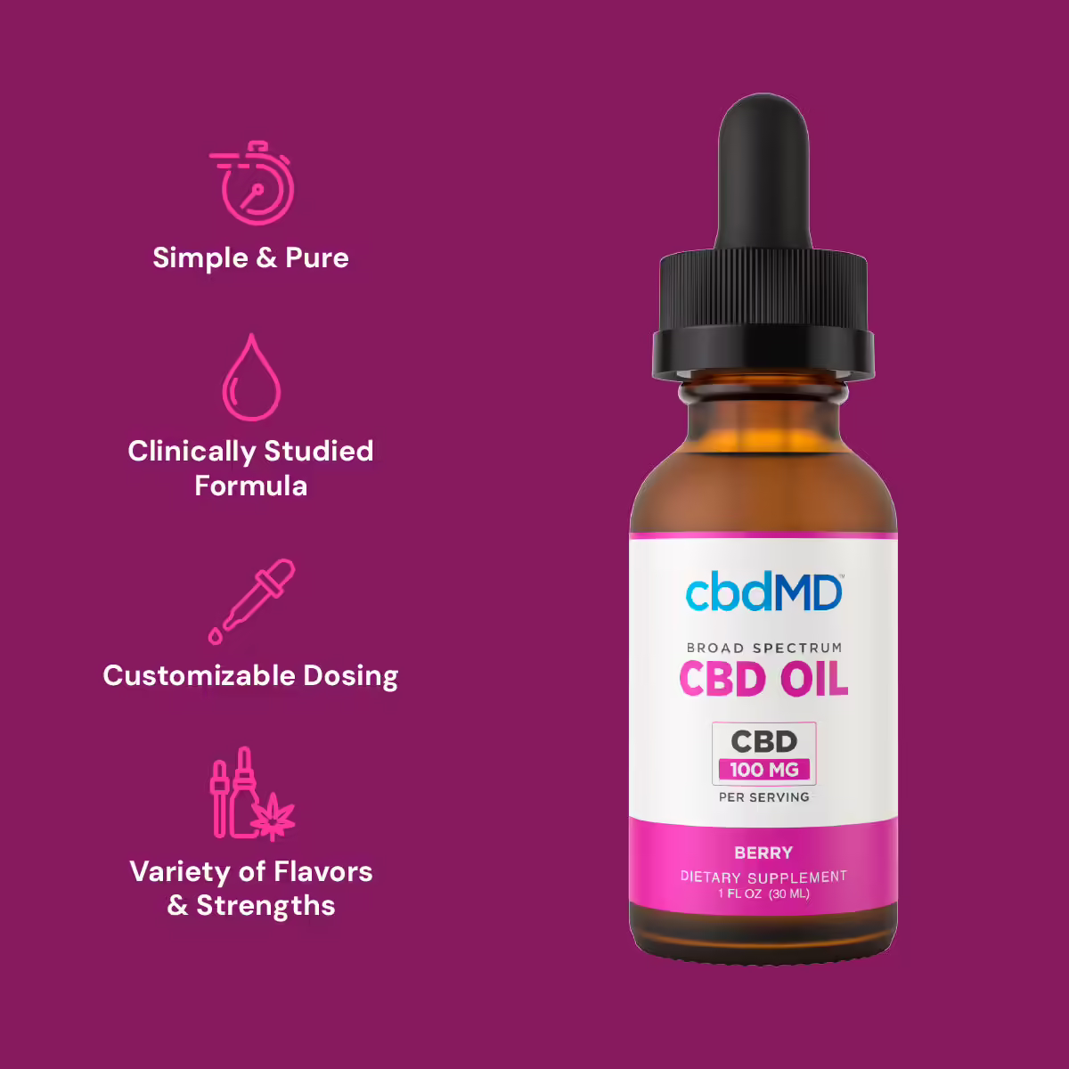 cbdMD, CBD Oil Tincture, Broad Spectrum THC-Free, Berry, 1fl oz, 3000mg CBD
