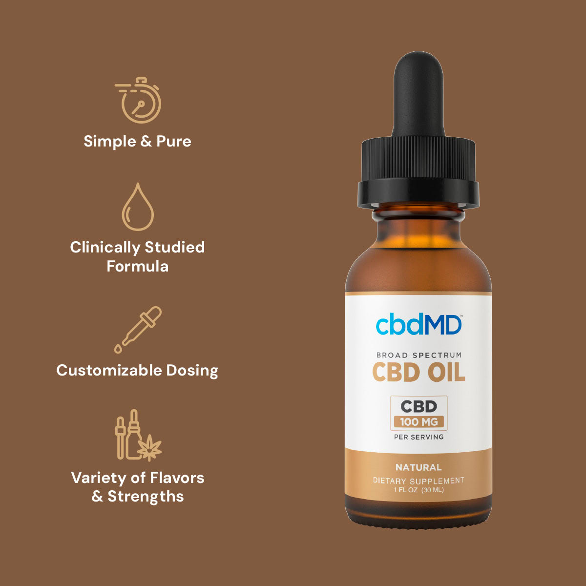 cbdMD, CBD Oil Tincture, Broad Spectrum THC-Free, Natural Flavor, 1oz, 3000mg CBD