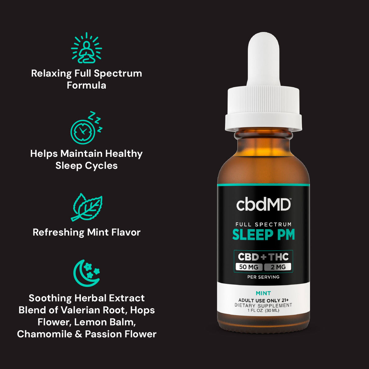 cbdMD, CBD Oil Tincture Sleep PM, Full Spectrum, Mint, 1fl oz, 60mg THC + 1500mg CBD