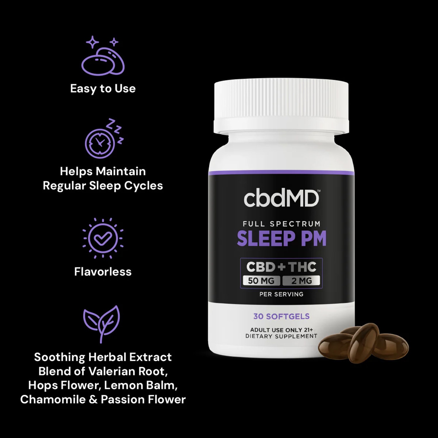 cbdMD, CBD Softgels Sleep PM, Full Spectrum, 30ct, 1500mg CBD