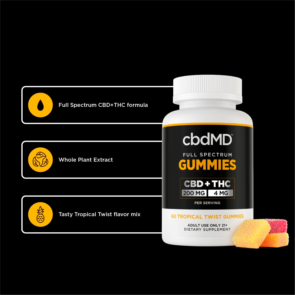 cbdMD, CBD Tropical Twist Gummies, Full Spectrum, 60ct, 6000mg CBD