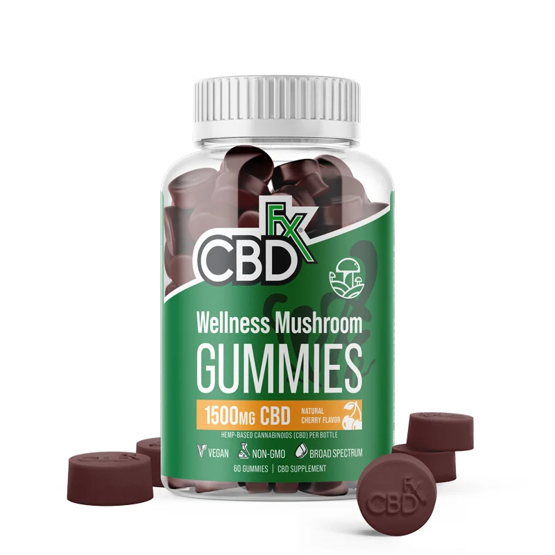 CBDfx, CBD Gummies With Mushrooms for Wellness, Broad Spectrum THC-Free, Cherry, 60ct, 1500mg CBD 1