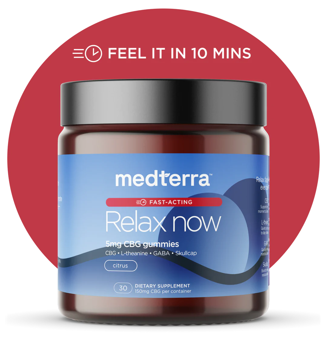 Medterra, Relax Now Fast-Acting CBD Gummies, Isolate THC-Free, Citrus, 30ct, 150mg CBG 1