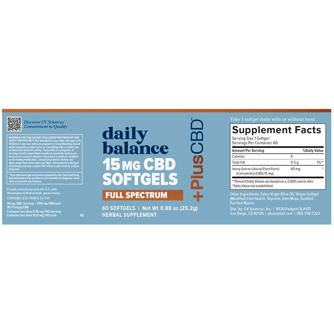 PlusCBD, Daily Balance 15mg CBD Softgels, Full Spectrum, 60ct, 900mg CBD 4