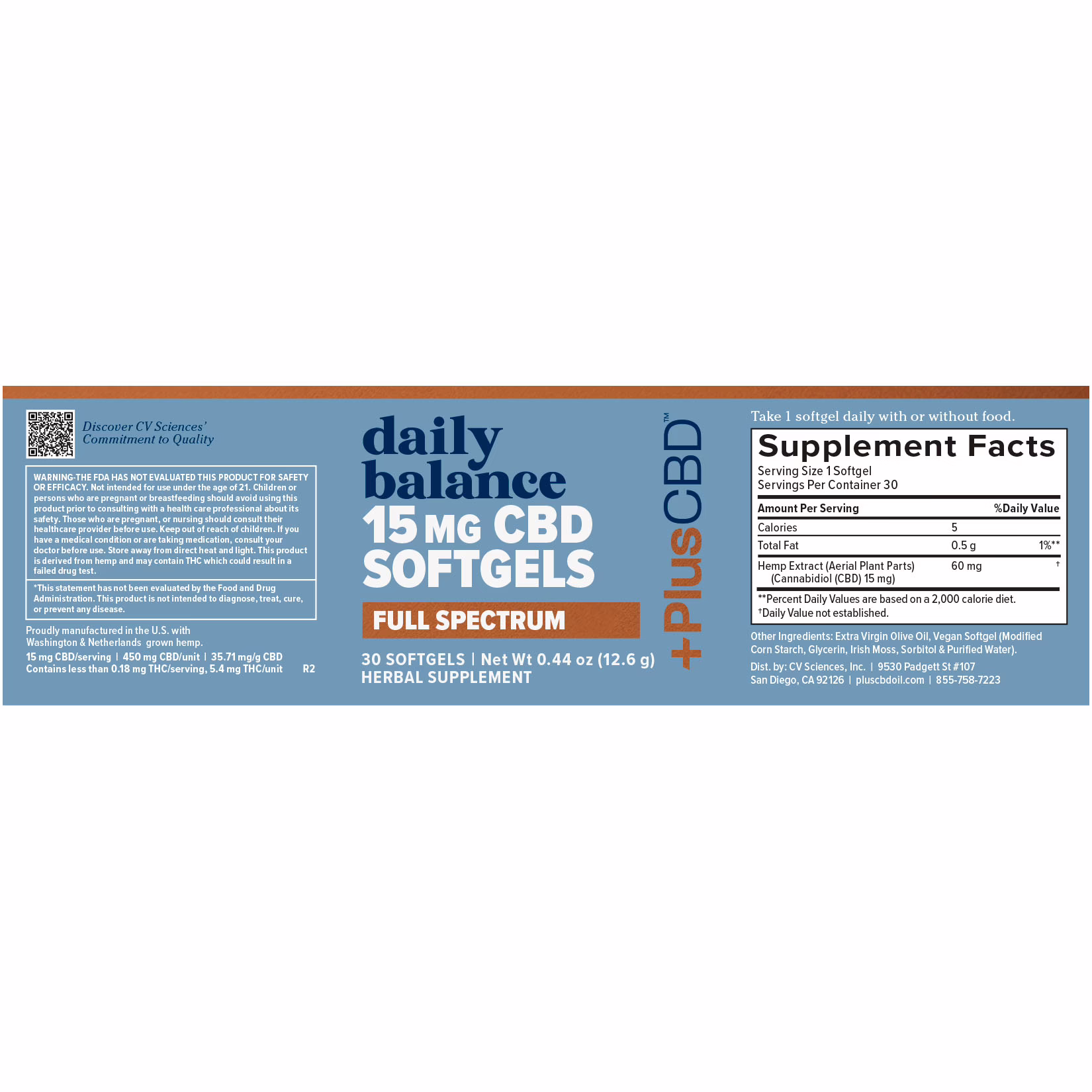 PlusCBD, Daily Balance 15mg CBD Softgels, Full Spectrum, 90ct, 1350mg CBD
