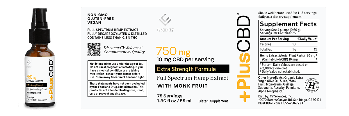 PlusCBD, Extra Strength 10mg CBD Oil with Monk Fruit, Unflavored, Full Spectrum, 1.86oz, 750mg CBD