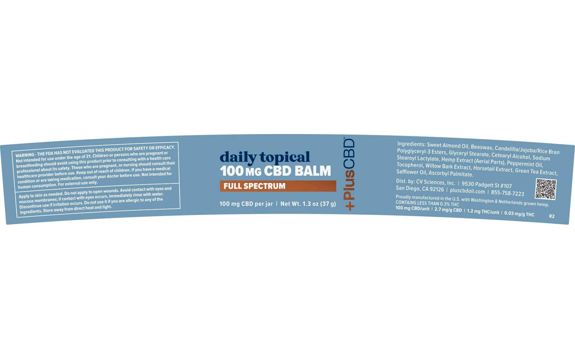 PlusCBD, Extra Strength CBD Balm, Full Spectrum, 1.3oz, 100mg CBD