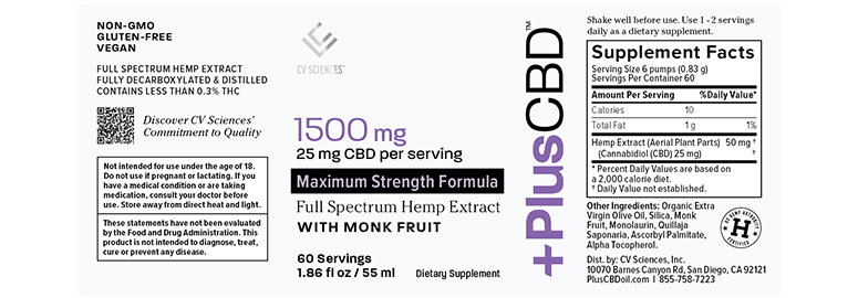 PlusCBD, Maximum Strength 25mg CBD Oil with Monk Fruit, Unflavored, Full Spectrum, 1.86oz, 1500mg CBD