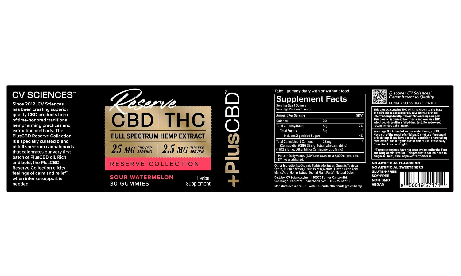 PlusCBD, Reserve 2.5mg THC + 25mg CBD Gummies, Sour Watermelon, Full Spectrum, 30ct, 75mg THC + 750mg CBD