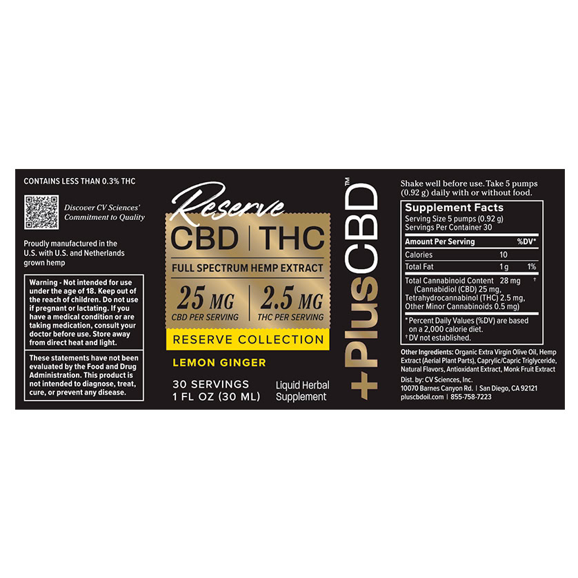 PlusCBD, Reserve 2.5mg THC + 25mg CBD Oil, Lemon Ginger, Full Spectrum, 1fl oz, 75mg THC + 750mg CBD