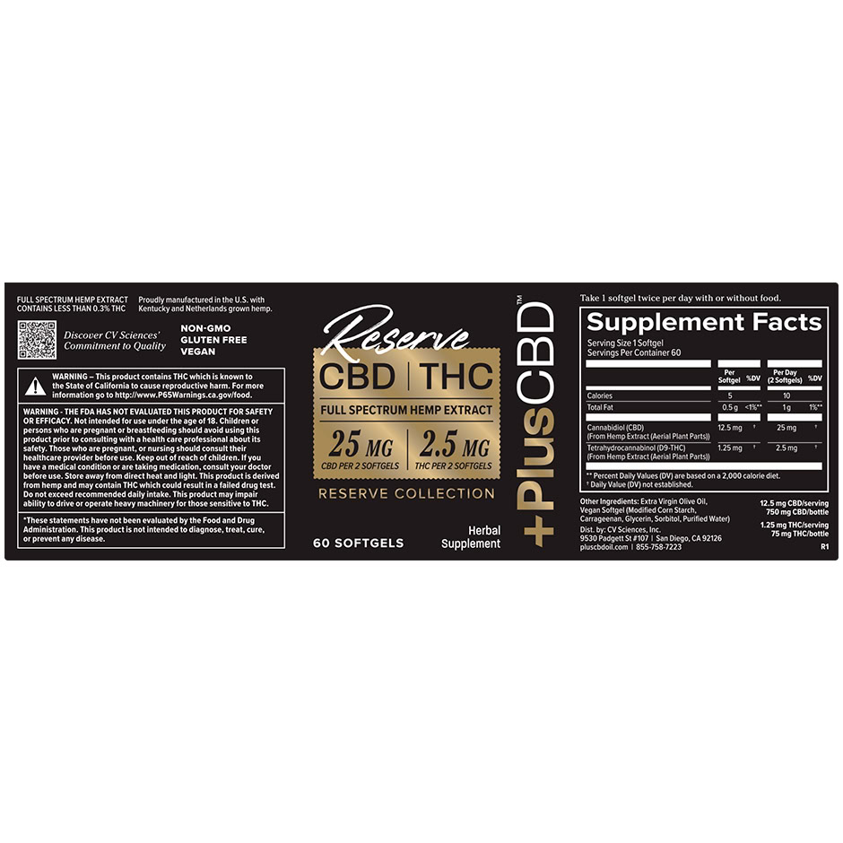 PlusCBD, Reserve 2.5mg THC + 25mg CBD Softgels, Full Spectrum, 60ct, 75mg THC + 750mg CBD