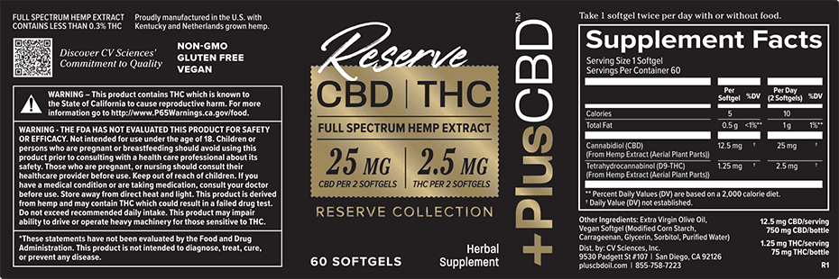 PlusCBD, Reserve 2.5mg THC + 25mg CBD Softgels, Full Spectrum